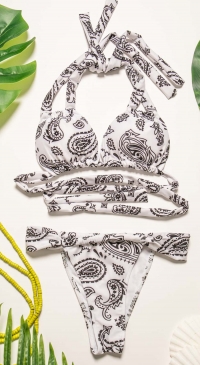 Brazilian-style bikini with white kashmir patterns