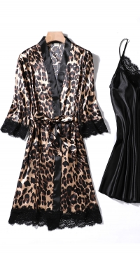 Kimono léopard et nuisette noir assortie
