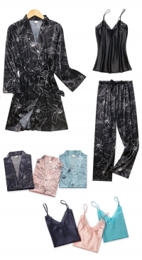 3-piece printed satin kimono pajamas