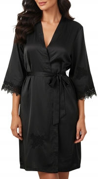 Black Satin kimono with embroidery