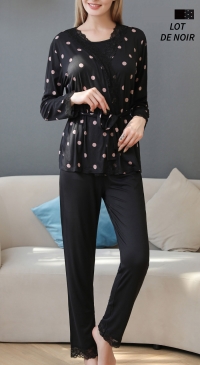 3-piece pink pajamas with black polka dots