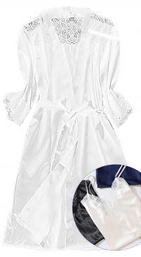 Bathrobe and babydoll in white satin and lace