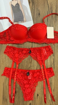 Red B cup bra with thong and suspenders