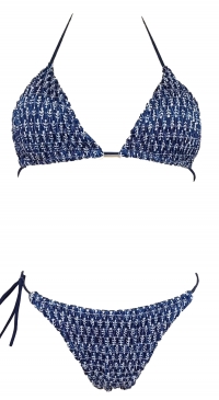 Blue bikini with printed crepe elastic fabric asymmetrical attachment