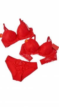 Red D cup bra set with matching panties