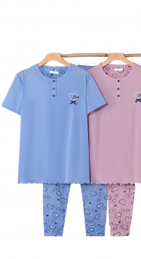Women's short-sleeved pajamas with pants and shorts 3 pieces