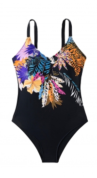 Black swimsuit with tropical floral print