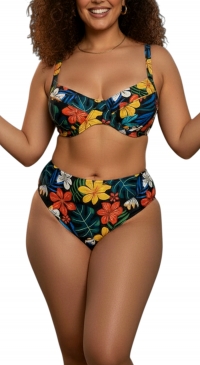 Plus size 2-piece swimsuit BLACK tropical print