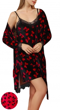 Velvet nightie and kimono with bows and hearts print M to 3XL