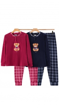 Unisex velvet pajamas - teddy bear and checks - S to 2XL