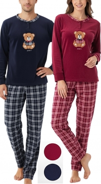 Unisex velvet pajamas - teddy bear and checks - S to 2XL