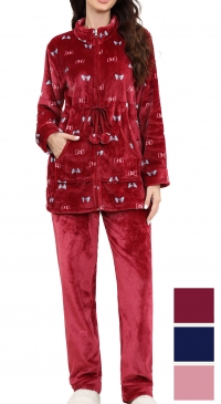 Fleece pajamas, pilou pilou, printed jacket, plain pants, M to 3XL