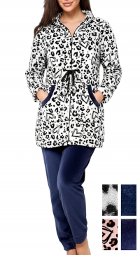 Fleece pajamas with white and black leopard jacket and blue pants
