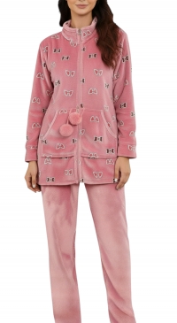 Pink fleece pilou pilou pajamas with printed jacket and pants