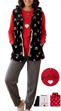 3-piece fleece pajamas: red top/black jacket/grey pants