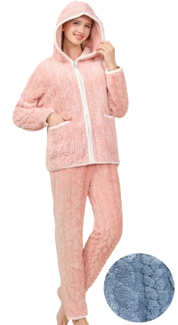 Fleece pajamas with hood, pockets and pink pants