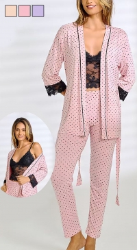 Polka dot pajamas with lace tank top and kimono jacket M to XXL Pink