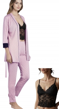 Polka dot pajamas with lace tank top and kimono jacket M to XXL Mauve