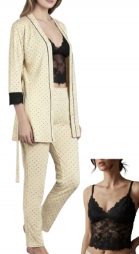 Polka dot pajamas with lace tank top and kimono jacket M to XXL ivory