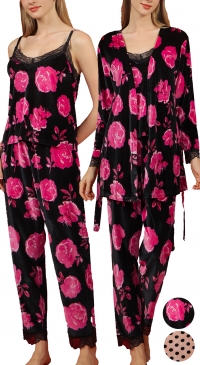 3-piece velour pyjamas, sizes M to 3XL, floral print