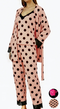 3-piece velour pyjamas, sizes M to 3XL, large polka dot print