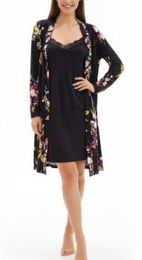 Plain nightgown and black printed kimono