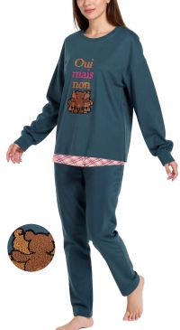 Fleece pyjamas with teddy bears and fun embroidered green slogan