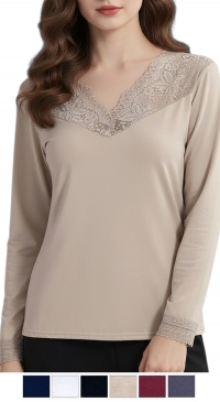 Women's V-neck knit turtleneck with lace trim - M to XXL - 85 % cotton