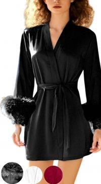 Glamorous satin kimono and nightgown with faux fur, sizes S to XXL