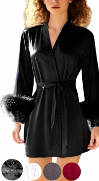 Glamorous satin kimono and nightgown with faux fur, sizes S to XXL