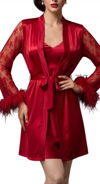 Nightgown and kimono with faux fur satin colors