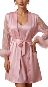 Nightgown and kimono with pink satin faux fur S to XXL
