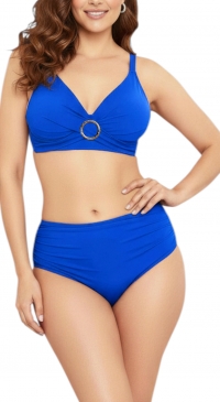 Blue swimsuit with crossover top and wide pleated bottoms, sizes 48 to 54