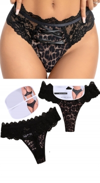 Leopard print lace thong with satin ribbon, sizes S/M and L/XL