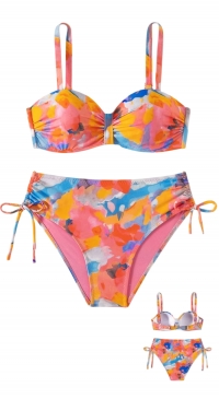Multicolored printed bandeau swimsuit, sizes 38, 40, 42, 44, 46