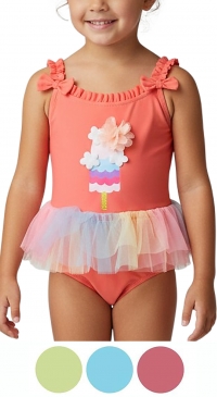 One-piece children's swimsuit with tutu and funny decoration on the front