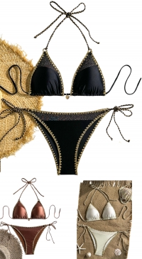 Bikini with graphic sequin pattern and woven trim