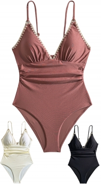 One-piece swimsuit with woven trim