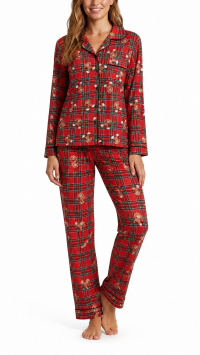 Printed fleece pajama set (shirt and pants) with tartan and teddy bear pattern – Assortment: M, L, XL, 2XL, and 3XL