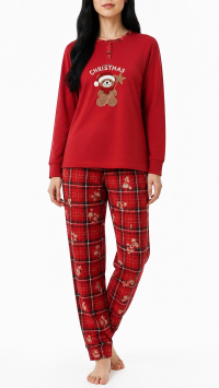 Double-sided fleece pyjama sets with a plain top and tartan trousers featuring a Christmas bear print – Available in sizes M, L, XL, 2XL and 3XL