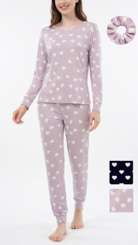 Heart Print Pyjama Set with Scrunchie Pack – Assorted S, M, L, XL and XXL
