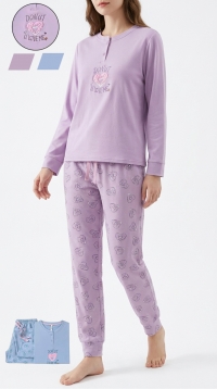 Women's Brushed Elastane Henley Pajama Set with Heart Donut Print – Size Assortment S-M-L-XL