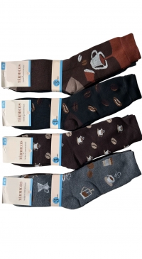 12 pairs of men's thermal socks with coffee-themed prints (sizes 40–46)