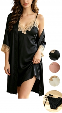 Satin chemise and kimono with embroidered lace and matching lace-up panties - size S to XXL