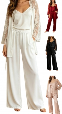 3-piece satin pajama set: tank top, trousers, and matching lace kimono.