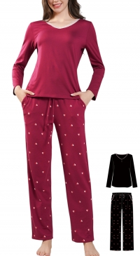 Comfortable pajama set with solid-color top and heart-print bottoms (Sizes S, M, L, XL, XXL)